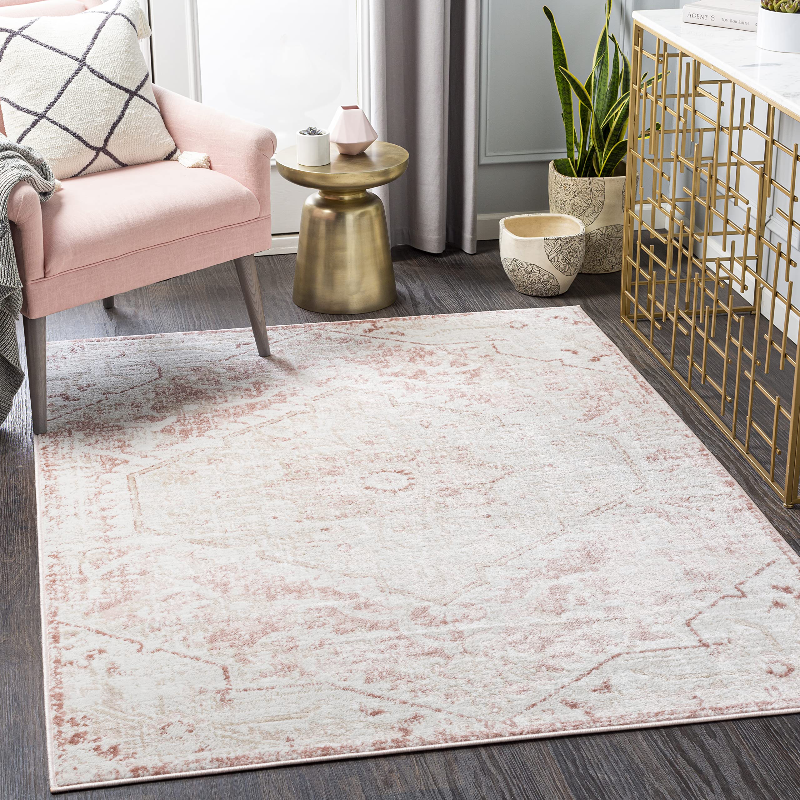 Mark&Day 5x5 Baflo Traditional Blush Square Area Rug - Soft Pink/White/Beige Living Room Carpet for Bedroom & Kitchen - Non-Slip Floor Mat for Home Decor (5'3