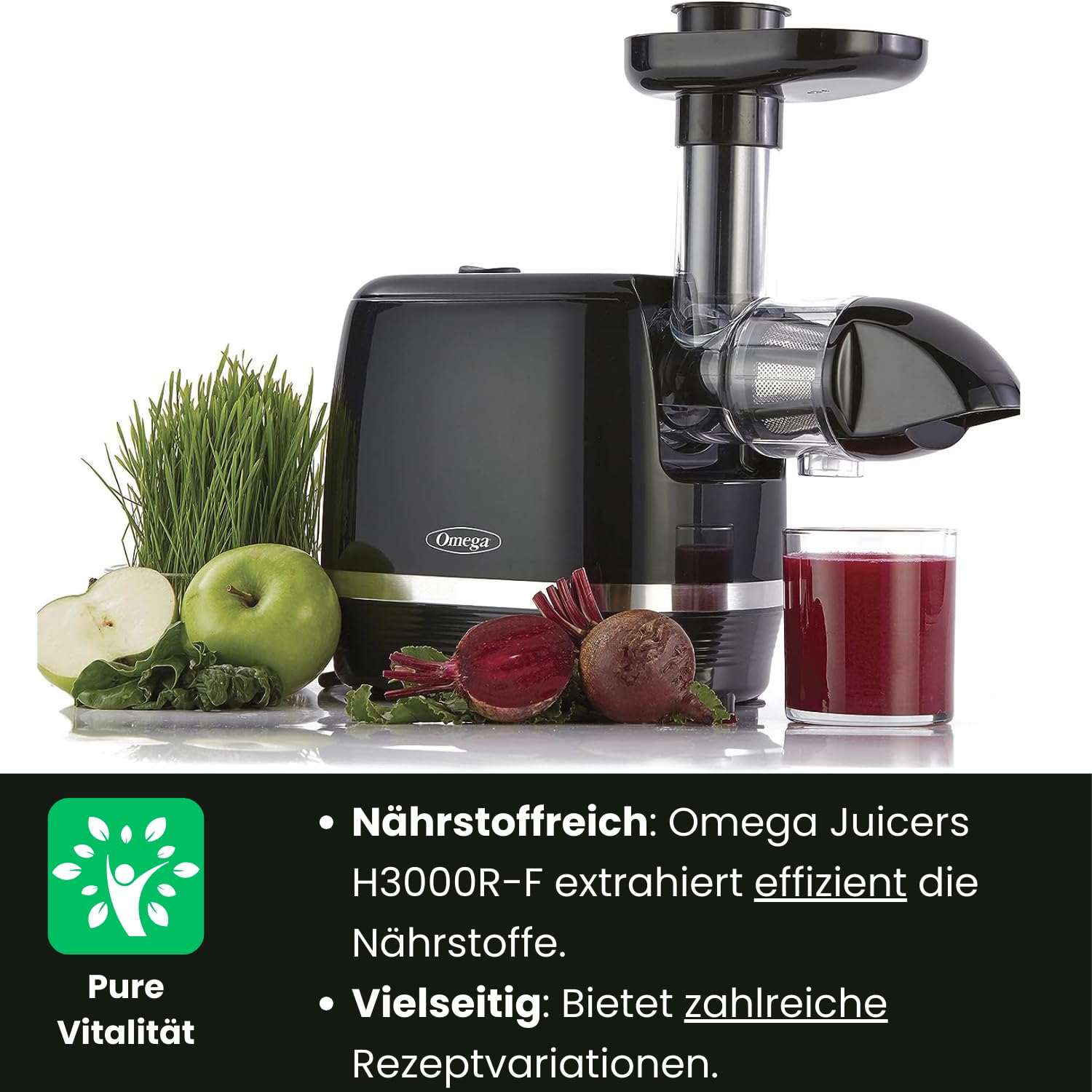 Omega Juicer H3000R Slow Masticating Cold Press Juicer - 150W High Efficiency, Quiet Operation, Nutrient-Rich Juice Extractor (Black) - Perfect for Healthy Smoothies, Detox Drinks & Family Breakfast