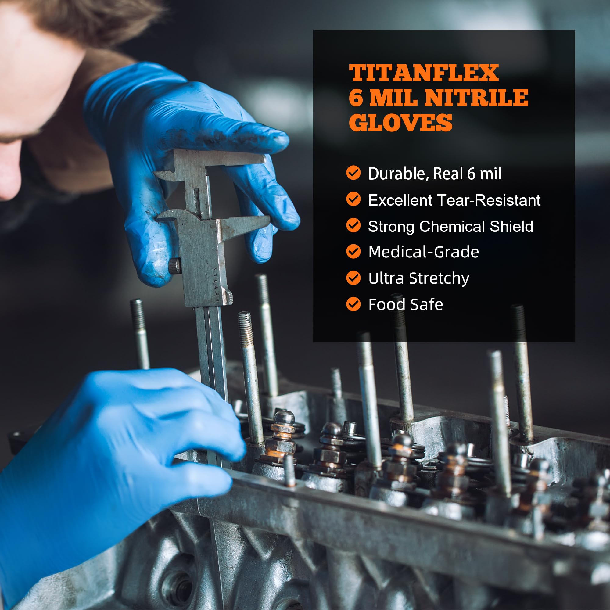 TitanFlex Heavy Duty 6 mil Blue Nitrile Gloves - Latex Free, Powder Free Disposable Gloves for Cooking, Mechanics, Cleaning & Food Handling - 100 Pcs/Pack