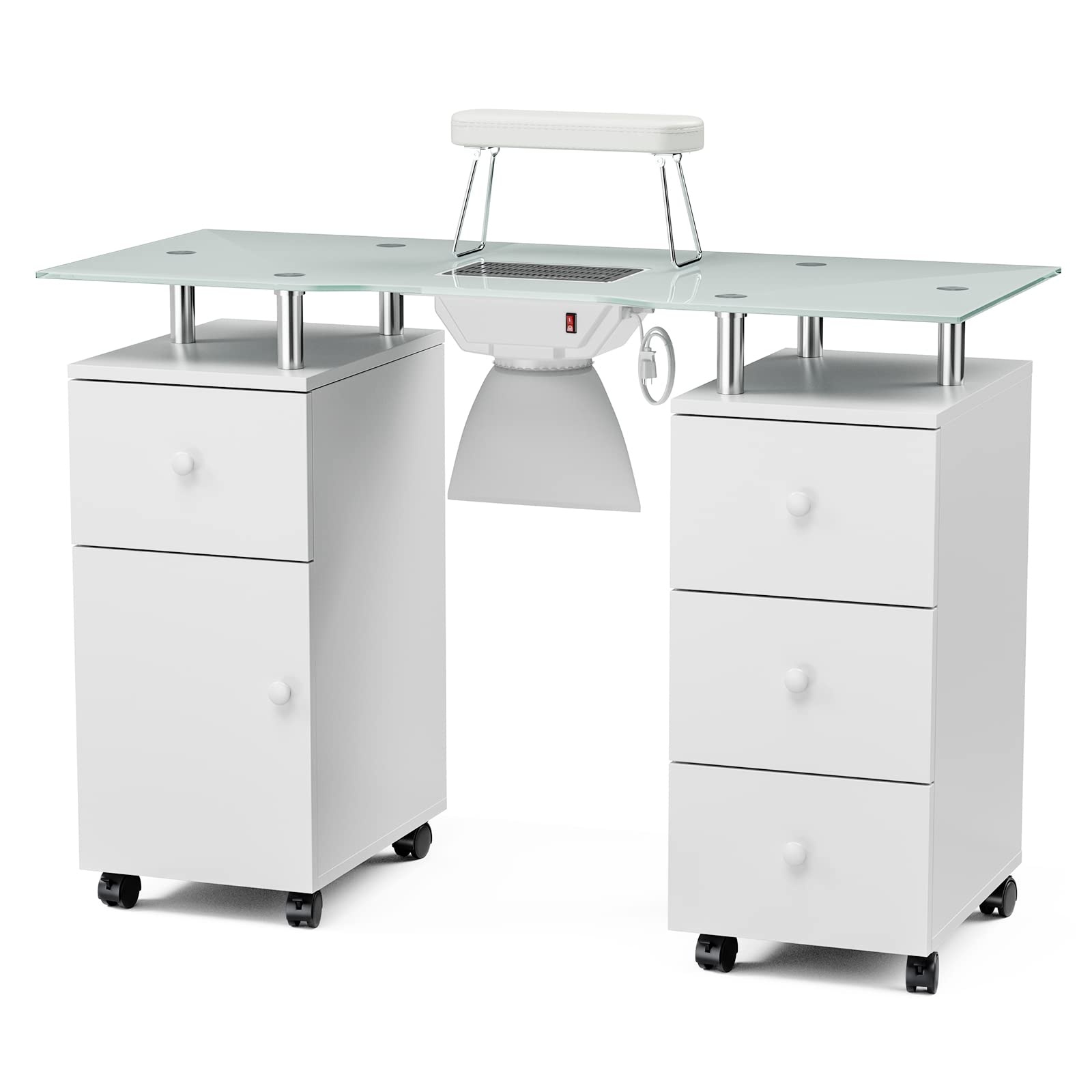 Paddie Professional Manicure Table with Tempered Glass Top, Foldable Armrest, Lockable Wheels & Storage Drawers - White | Portable Nail Salon Station for Home & Professional Use
