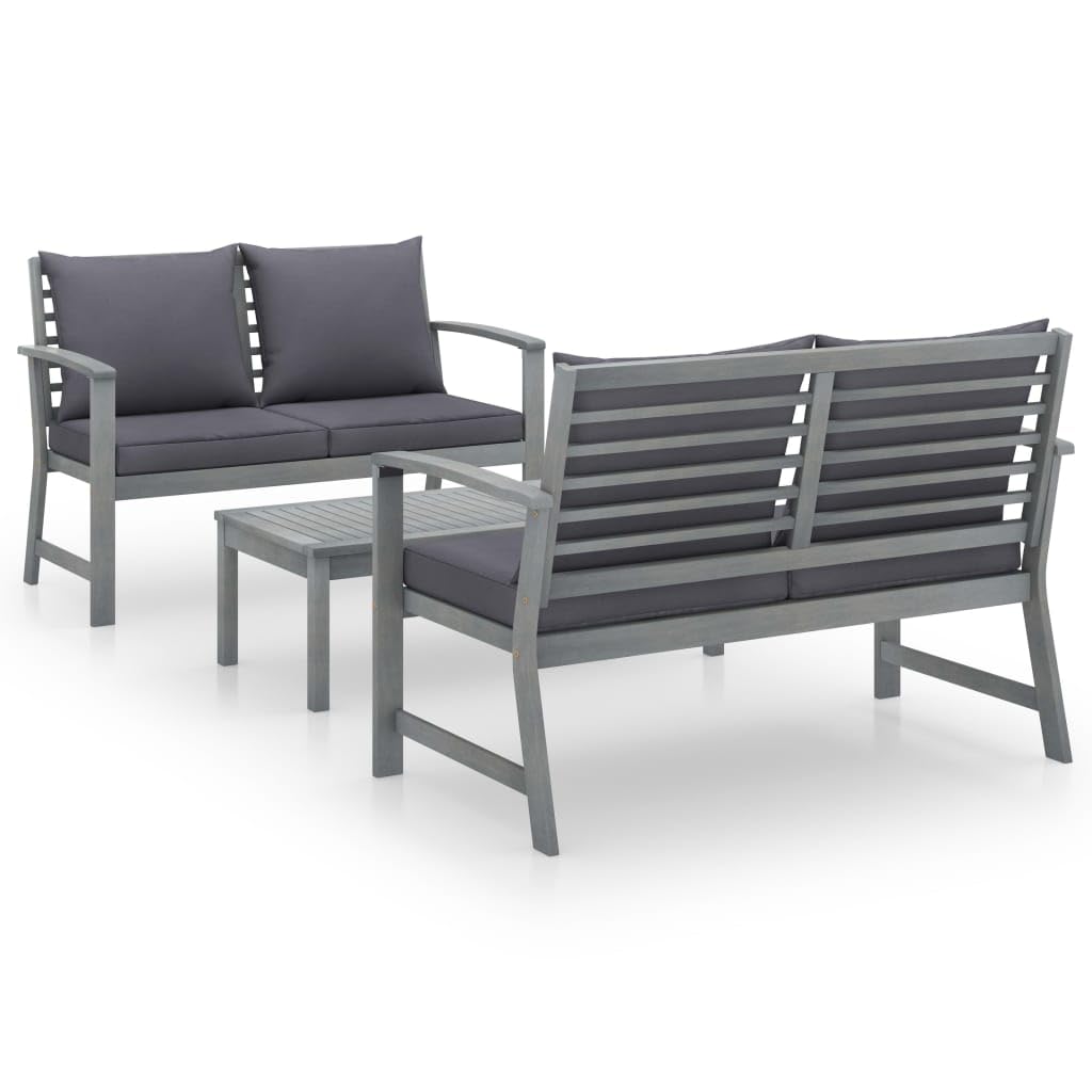 vidaXL 3-Piece Patio Lounge Set with Table & Chairs - Acacia Wood Outdoor Furniture for Balcony, Garden, Yard - Modern Gray Bench with Cushions | Perfect for Backyard Relaxation, Poolside Lounging & Outdoor Entertaining