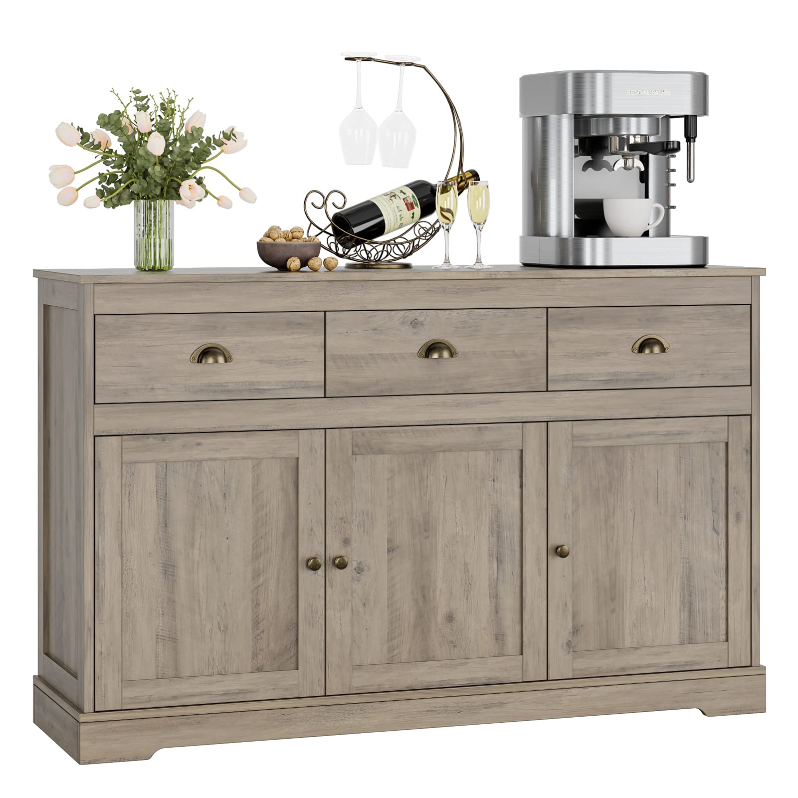 Keyluv Buffet Storage Cabinet - Farmhouse Style Sideboard with 3 Drawers & 3 Doors, Adjustable Shelves Console Table for Kitchen, Dining & Living Room - Grey Wash | Perfect for Wine Storage, Bar Server & Home Organization