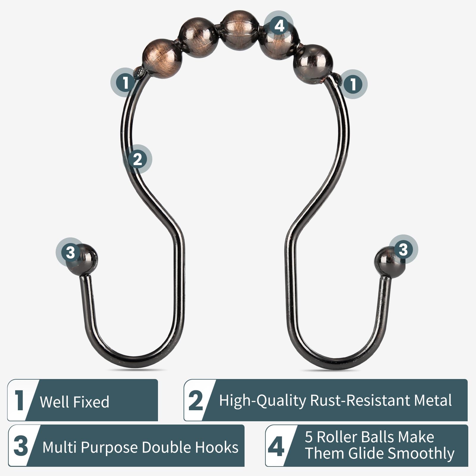Premium Rust-Proof Bronze Shower Curtain Hooks - 12 Pack Smooth Gliding Metal Rings for Double Shower Curtains | Bathroom Decor & Home Upgrade Accessories for Modern Showers & Bathtubs