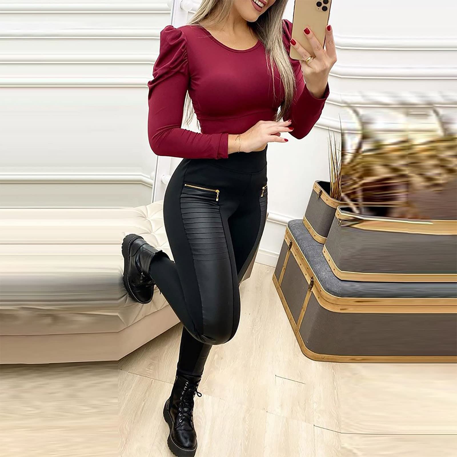 Trendy Women's Faux Leather High Waist Wide Leg Pants with Zipper Detail & Contrast Stitching - Stylish Black Trousers for Night Out, Party & Office | Perfect for Club, Date Night, Business Casual & Evening Events | Great for Work Attire, Fashion Statement Outfits & Stylish Occasions | Ideal for Fall & Winter Wardrobe, Holiday Parties & Professional Settings