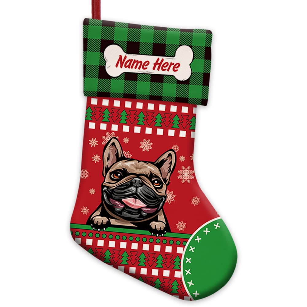 1 Pack Custom Merry Christmas Red Stocking with Cute French Bulldog Dog Bone & Buffalo Plaid Snowflake Design - 14.4 Inch Holiday Decor for Fireplace, Gift Exchange & Festive Home Decoration