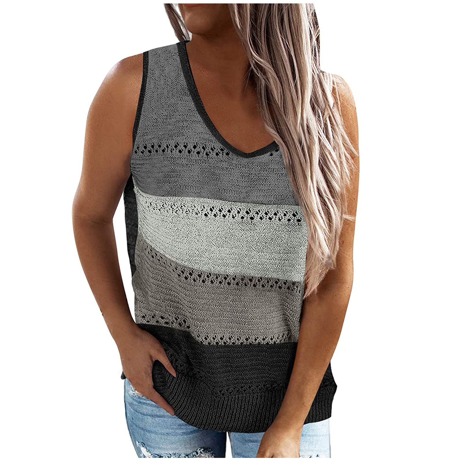Women's Comfortable V-Neck Sleeveless Pleated Knit Top - Casual Blouse with Splicing Design for Summer Outfits, Office Wear & Daily Fashion