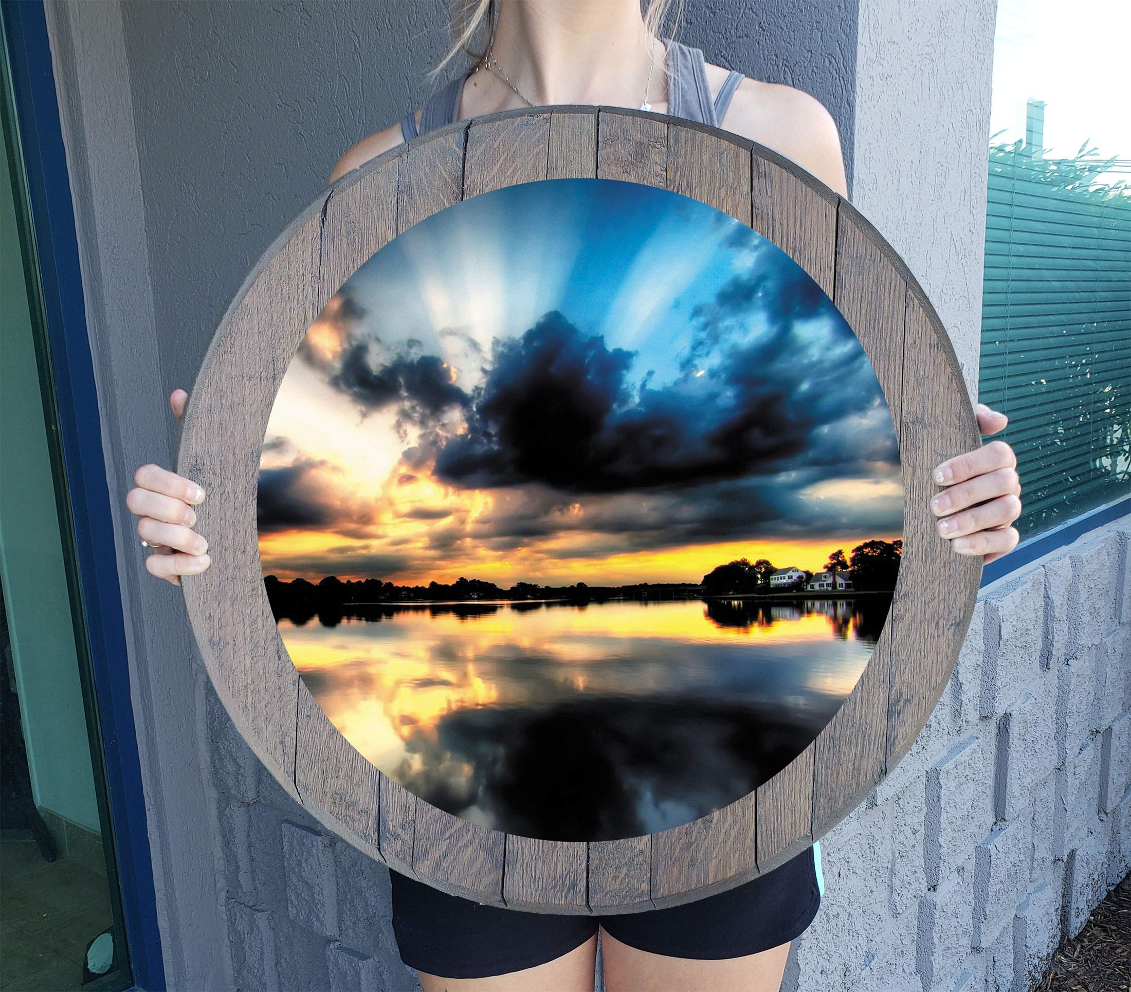 Rustic Lakefront Sunset Wall Art - Distressed Barnwood Gray Whiskey Barrel Lid Decor for Vacation Cottages, Man Caves & Home Bars | Perfect for Cabin, Basement & Pub Wall Decor