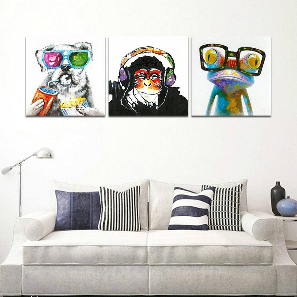 3 Panels Abstract Patchwork Painting Wall Art - Music Monkey Happy Dog Happy Frog Canvas Prints - 16x16 Inches Home Decor for Living Room, Bedroom & Office