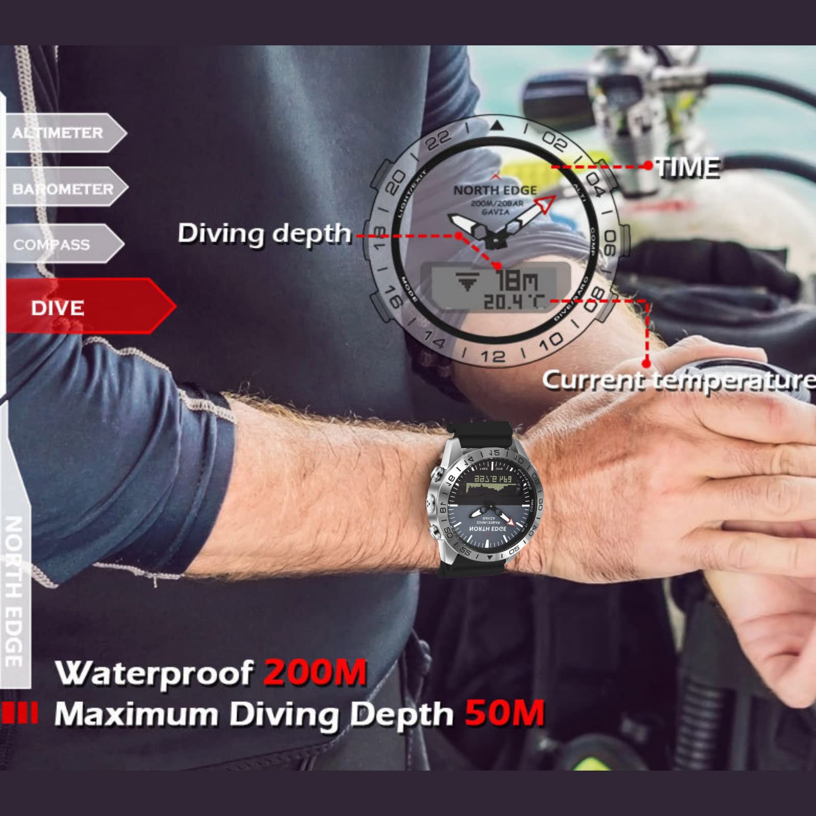 CakCity Men's Analog Digital Altimeter Watch - 20ATM Waterproof Stainless Steel Pilot & Diving Watch with Compass - Perfect for Outdoor Sports, Hiking, and Adventure Activities