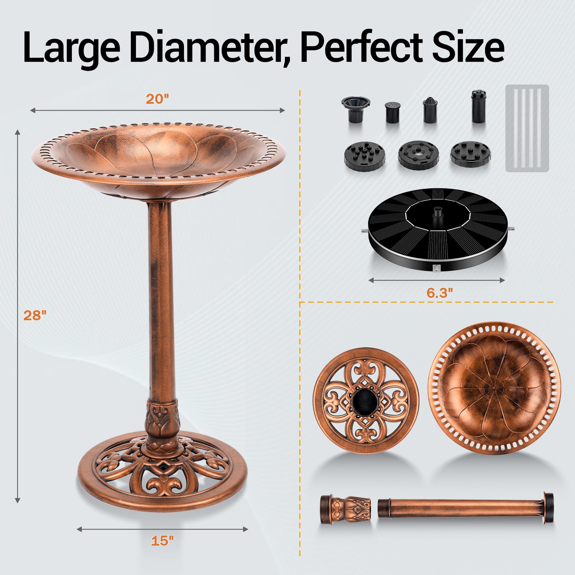 28 Inch Solar Powered Bird Bath with Fountain - Antique Polyresin Standing Birdbath for Outdoor Garden Decor, Copper Finish - Perfect for Attracting Birds to Your Backyard, Patio or Garden