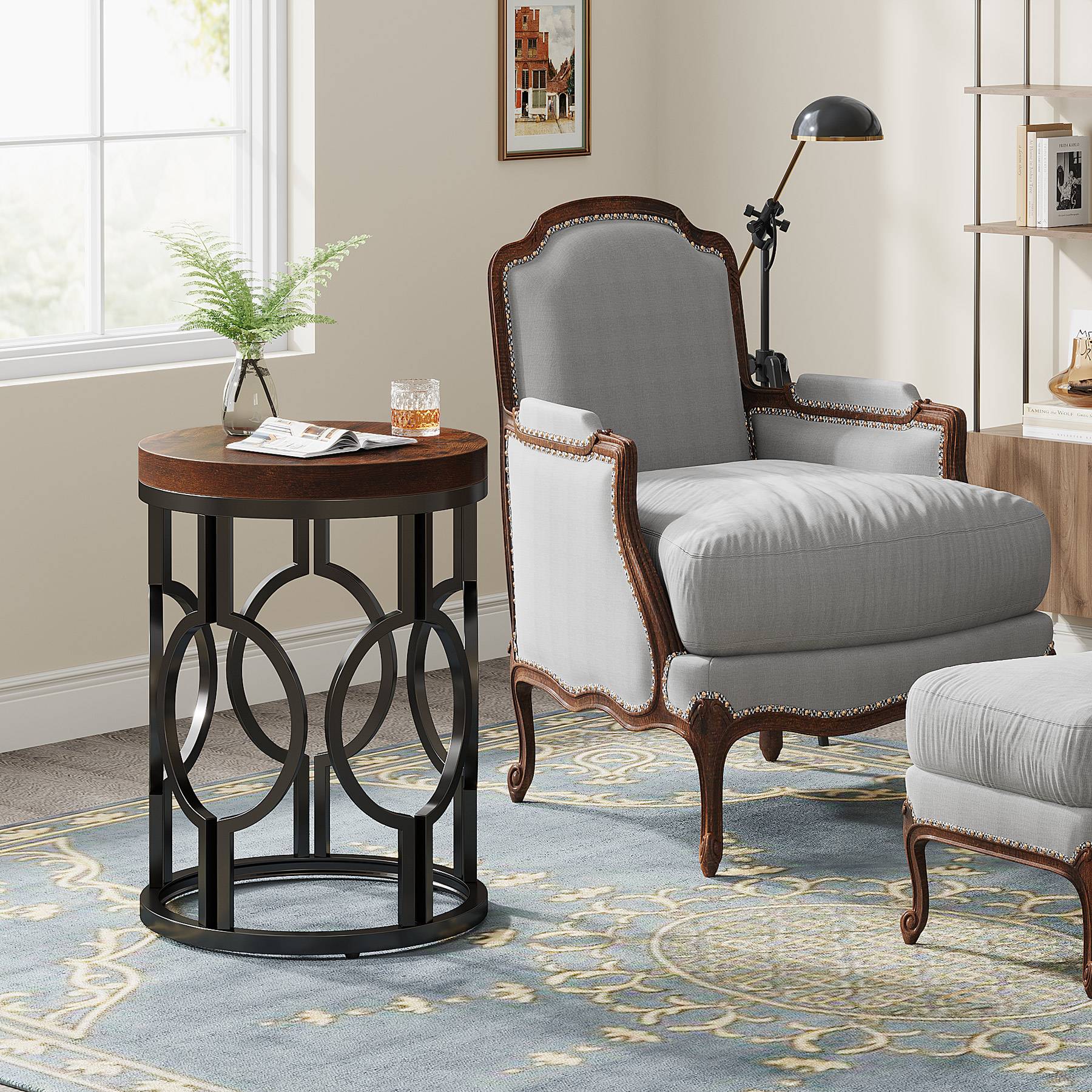 Industrial Round End Table with Metal Hollow Frame - Sturdy Side Table for Living Room, Bedroom, or Office Decor