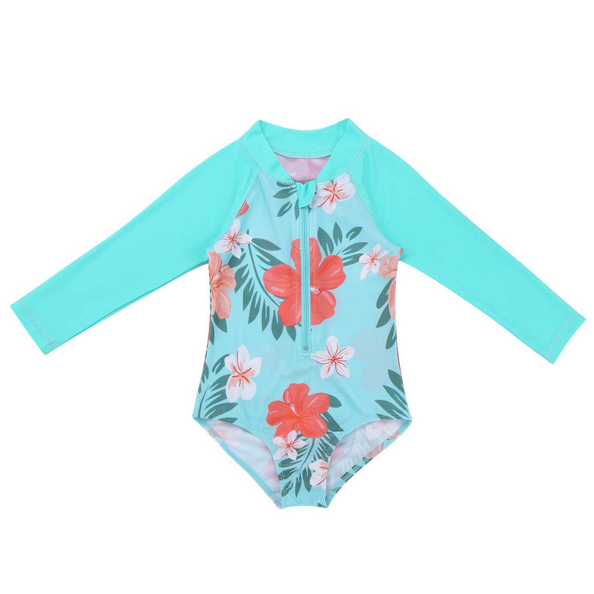FEESHOW Girls' Long Sleeve Floral Rash Guard Swimsuit - UPF 50+ Sun Protection, Front Zipper One-Piece Swimwear for Toddler & Baby (Beach, Pool, Water Park)