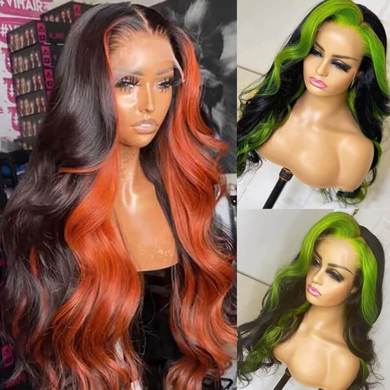 Eullair Highlight Body Wave Lace Frontal Human Hair Wig - Natural Inner Green Orange Color | Perfect for Cosplay, Daily Wear & Special Occasions