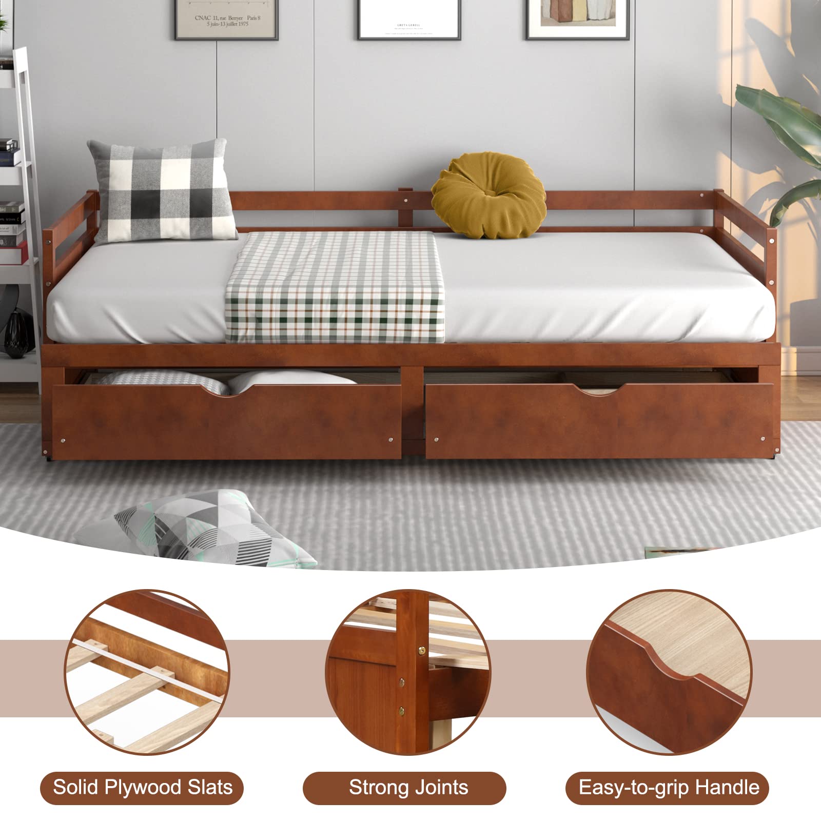 Giantex Wood Daybed with Trundle - Twin to King Size Extendable Daybed with 2 Storage Drawers, Modern Dual-Use Sofa Bed for Teens & Adults, No Box Spring Needed, Walnut Finish - Perfect for Small Bedrooms, Guest Rooms, and Living Spaces