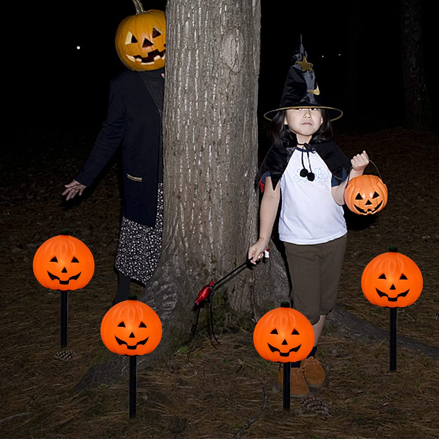 Halloween Pumpkin Pathway Stake Lights - 7 Ft Outdoor String Lights with 4 C7 Bulbs for Driveway, Garden & Walkway Decor | Waterproof Halloween Party Lighting for Yard, Porch & Holiday Decorations