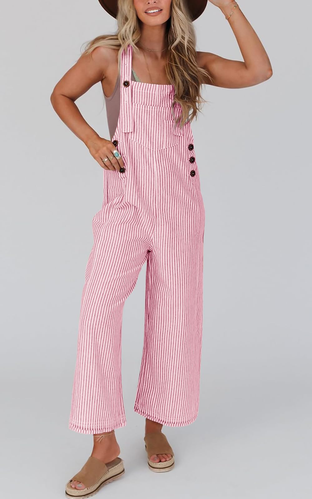 PRETTYGARDEN Women's Sleeveless Wide Leg Jumpsuit - 2025 Summer Casual Button Front Striped Romper | Trendy Outfit for Beach, Vacation & Everyday Wear