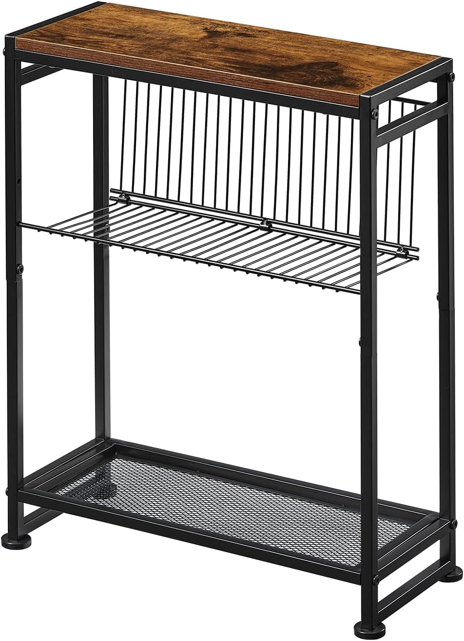 Compact Slim Side Table with Magazine Holder - 2-in-1 Space Saving End Table for Small Spaces - Rustic Brown Narrow Nightstand for Bedroom & Living Room - Perfect for Apartments, Dorms and Cozy Corners