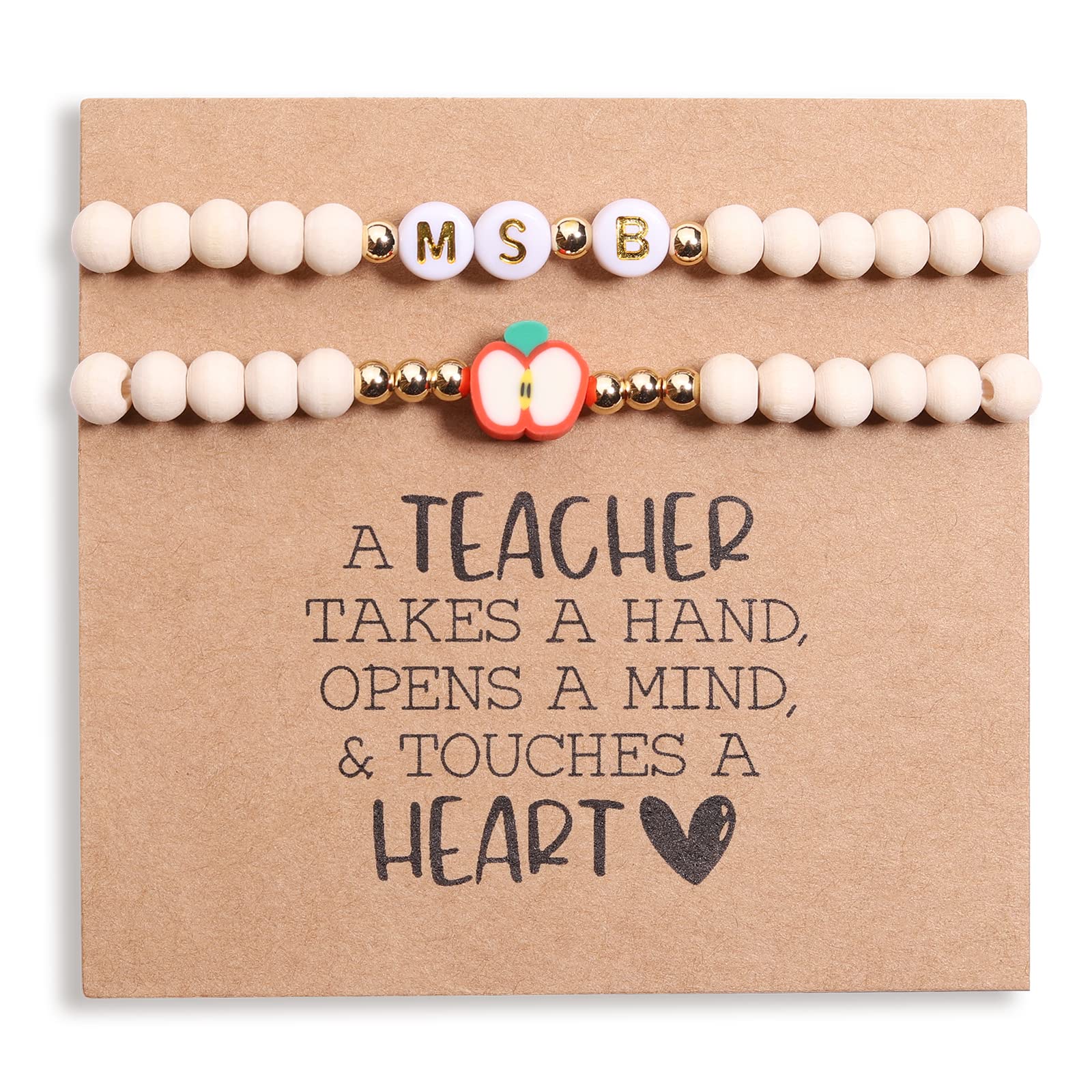 Personalized Teacher Bracelet for Women - 2 Pcs Custom Initial Mrs Miss Ms Jewelry Set with Thank You Card - Perfect Teacher Appreciation Gift from Students & Friends - Ideal for Teacher's Day, Retirement, End of Year Gifts & Special Occasions