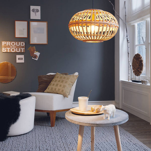 Eglo Amsfield ES 38cm Natural Wood Pendant Light - Modern Farmhouse Ceiling Lighting for Kitchen, Dining Room & Bedroom