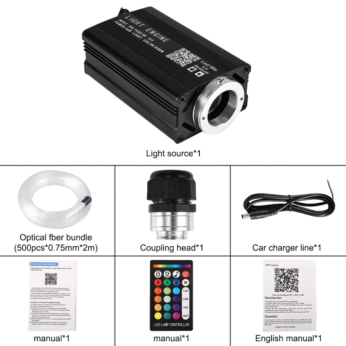 APLOS 16W Fiber Optic Starlight Headliner Kit - Twinkle & Meteor Effects, RGBW Sound Activated LED Lights with Bluetooth APP & Remote Control (0.75mm, 6.5ft/2m, 500pcs) for Car Ceiling, Bedroom & Home Decoration - Perfect for Parties, Relaxation & Mood Lighting