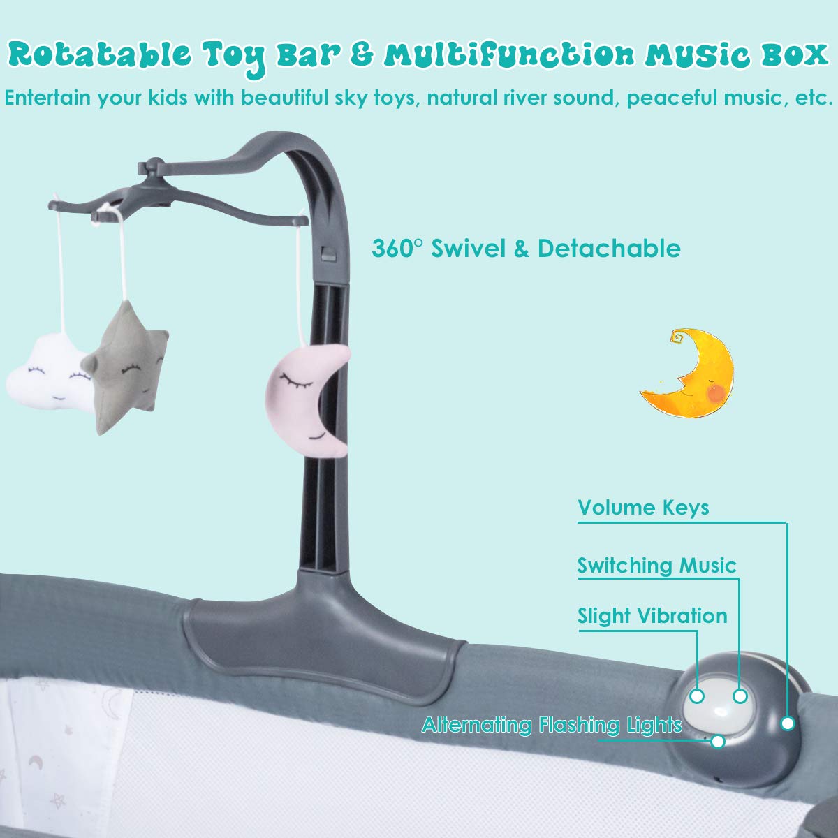 HONEY JOY Portable Foldable Baby Bedside Crib with Toy Arch, Music & Breathable Mesh - Adjustable Height Co-Sleeping Bassinet with Thick Mattress for Newborns & Infants (Dark Gray) | Perfect for Nursery, Bedroom & Travel Use