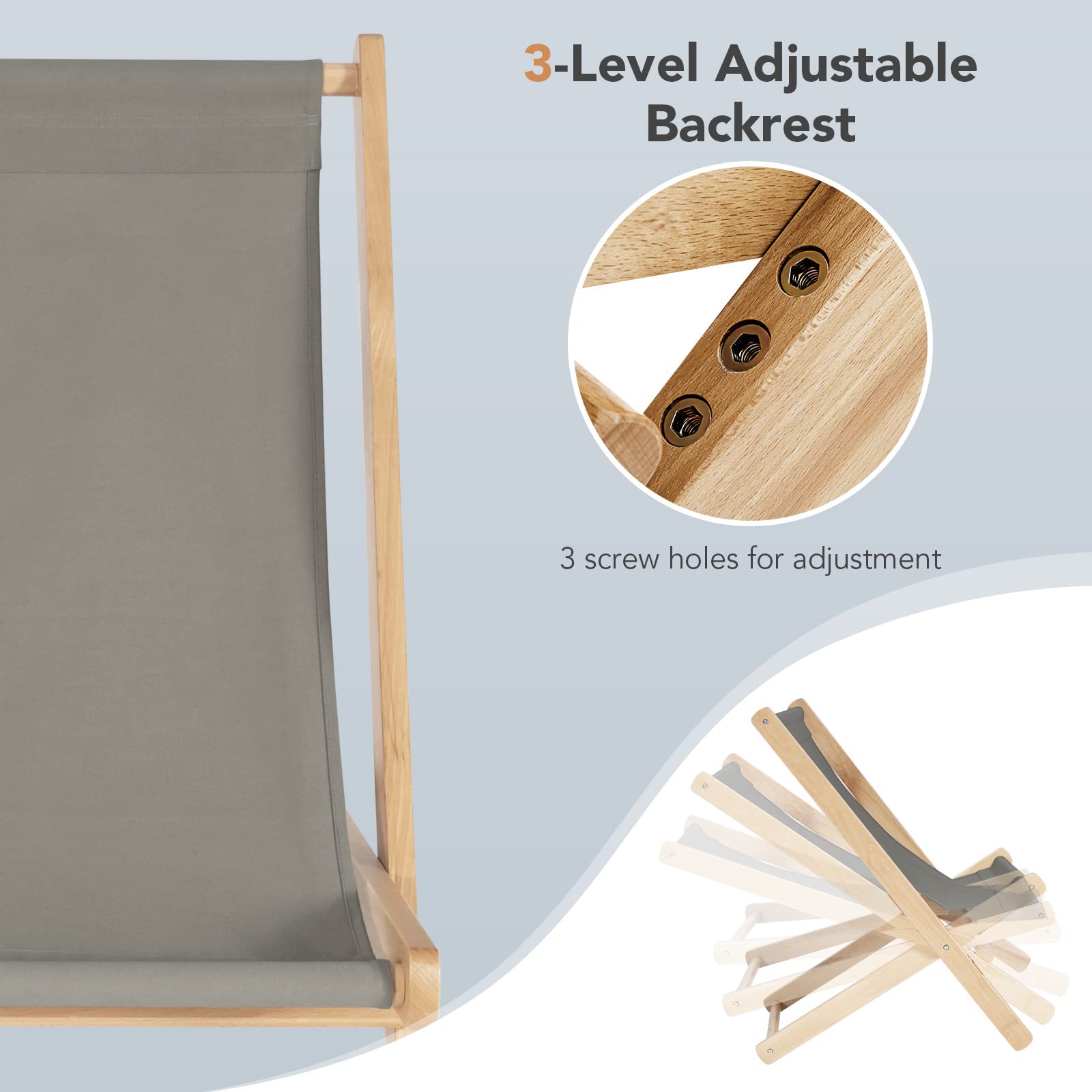 Tangkula Folding Sling Chair - Portable Outdoor Wooden Beach Lounge Chair with 3-Position Adjustable Backrest & Thick Cushion - Perfect for Backyard, Poolside, Balcony, Camping and Beach Relaxation