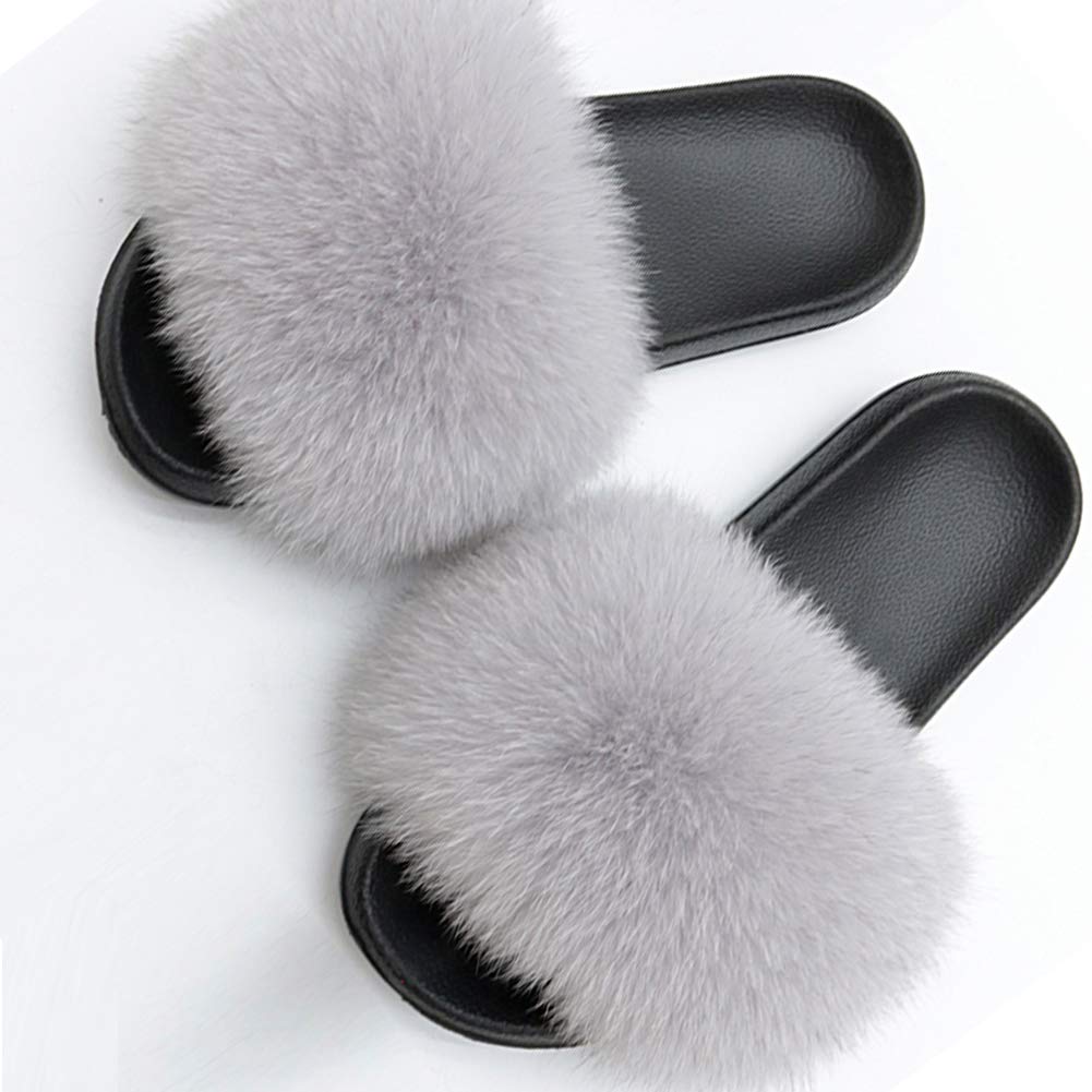 THER Women's Faux Fur Slide Slippers - Soft Open-Toe Indoor/Outdoor House Shoes with Non-Slip Sole | Comfortable for Home, Lounge, Backyard & Quick Errands (Size 6.5)