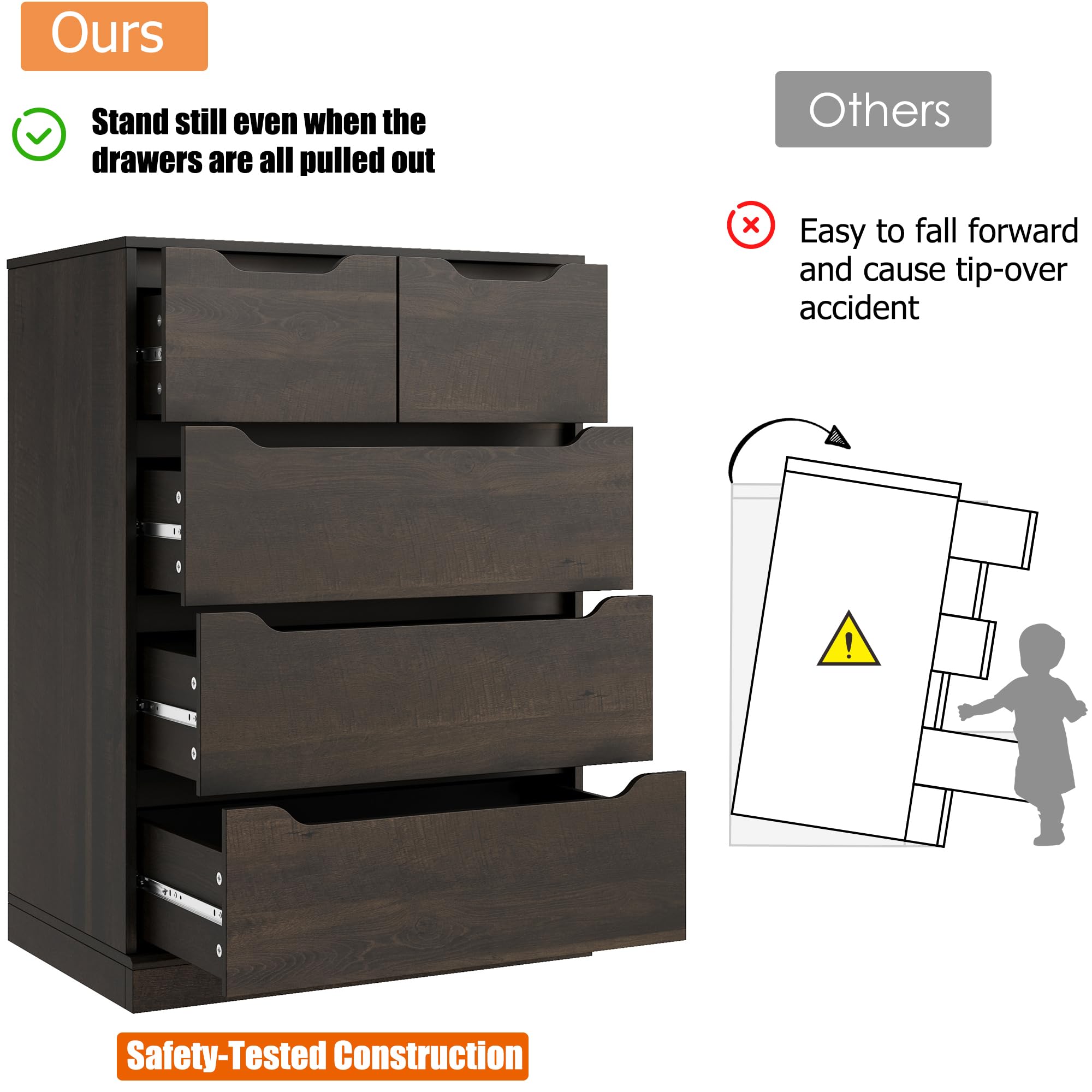 Modern 5-Drawer Wood Dresser for Bedroom - Dark Brown Storage Chest with Cut-Out Handles, Organizer Cabinet for Clothes & Accessories - Perfect for Bedroom, Living Room, Entryway & Hallway Storage Solutions