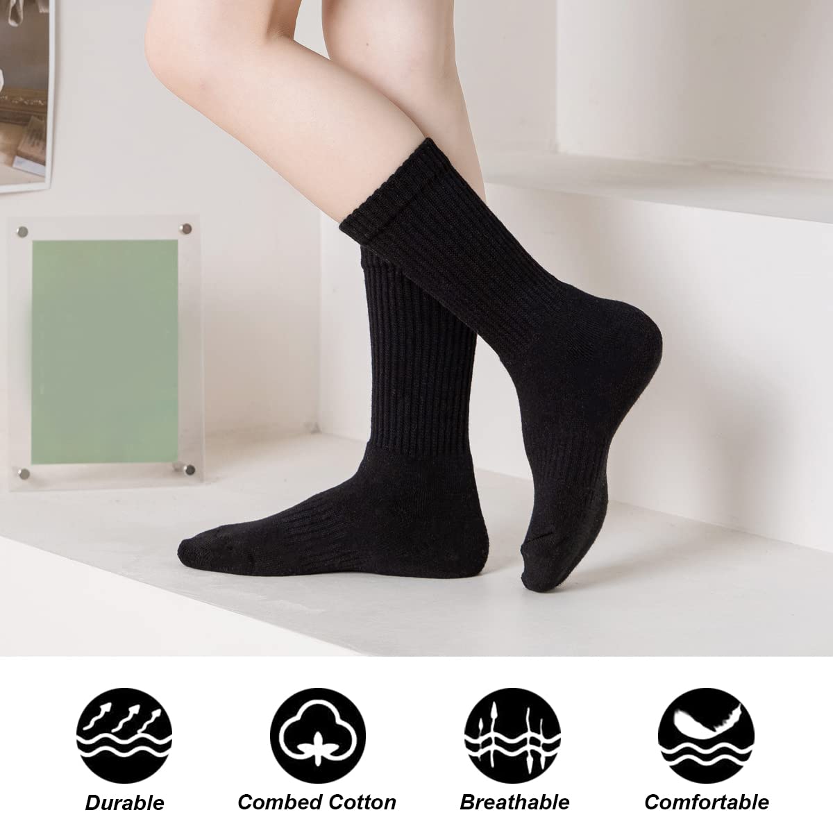 Marchare Boys & Girls Athletic Running Socks - 6 Pack Cushioned Crew Socks for Kids, Thick Cotton Comfort, Black/White - Perfect for Sports, School & Daily Activities