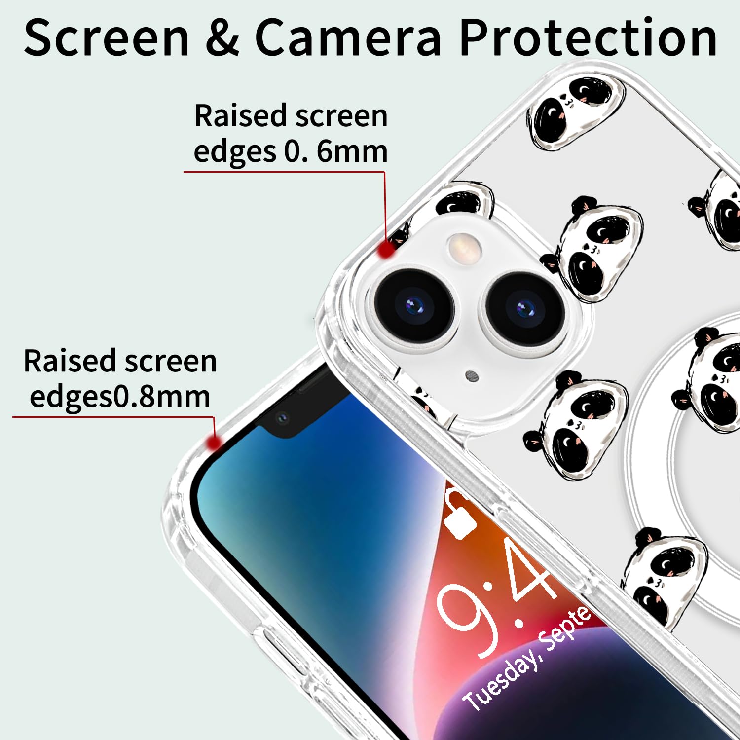 Magnetic Cute Cartoon Pandas iPhone 13 Case - Compatible with MagSafe, Clear Soft TPU & Hard Back Shockproof Protective Phone Cover for Women Girls | Perfect for Everyday Use, Work, School & Travel
