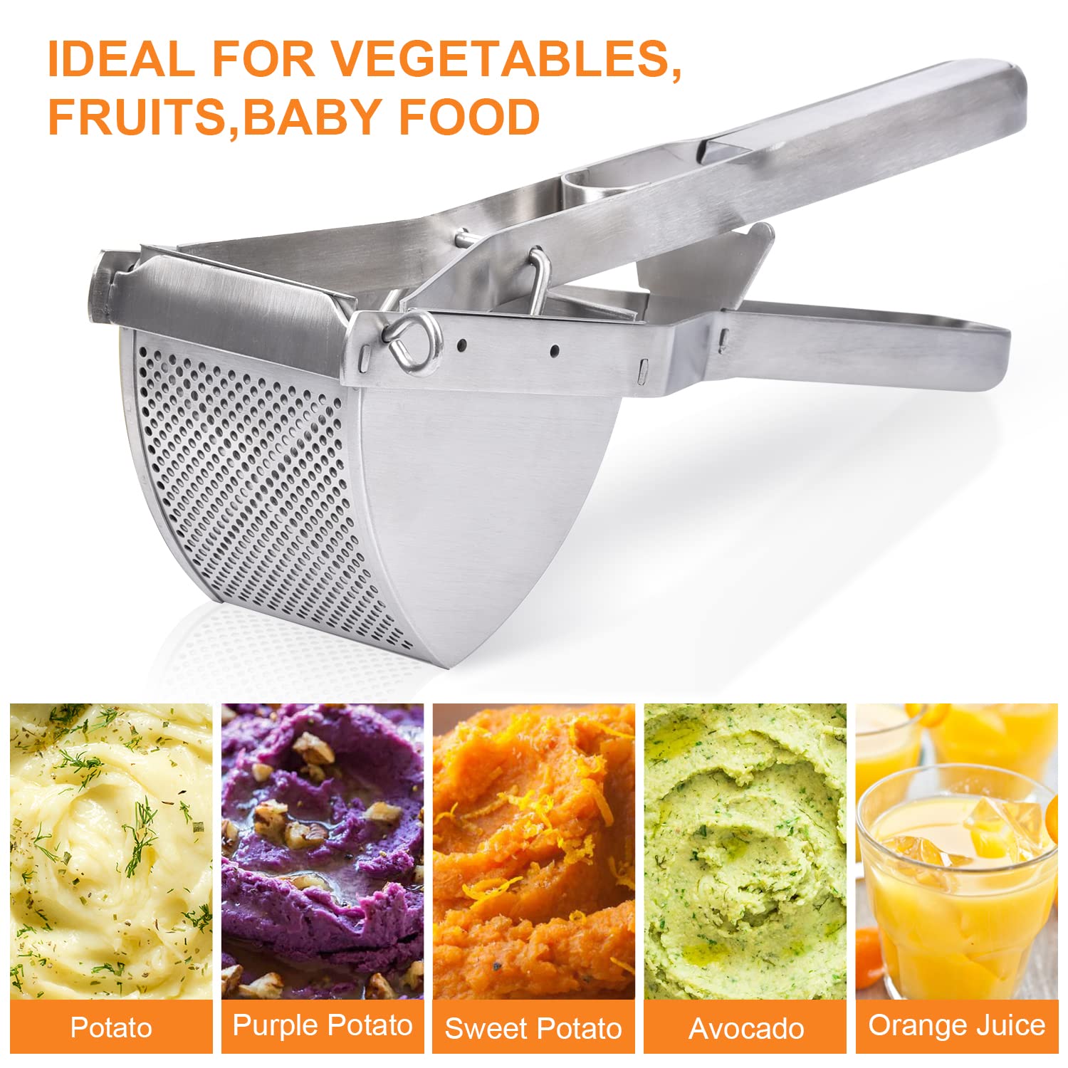 Professional Stainless Steel Potato Ricer - Heavy Duty Mashed Potato Maker for Creamy Mashed Vegetables & Fruits - Perfect for Home Cooking, Baby Food & Restaurant Use