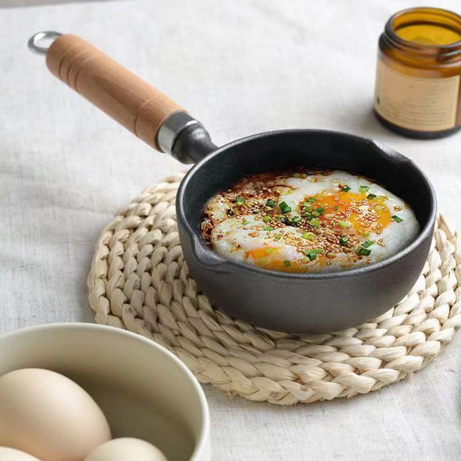 4.3 Inch Cast Iron Melting Pot - Mini Egg Frying Pan, Oil Heating Pan & Milk Butter Warmer with Wood Handle for Home Kitchen | Perfect for Camping, Baking & Stovetop Cooking