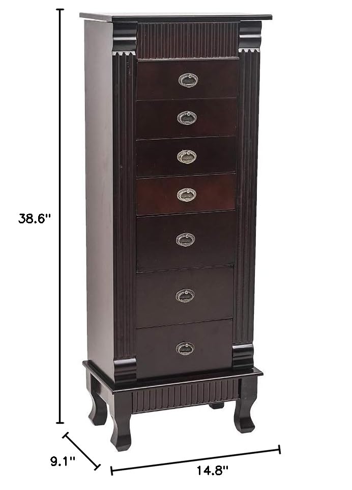 GT2-LC Large Standing Jewelry Armoire Cabinet with Makeup Mirror & Top Storage Organizer - Dark Brown/Beige Flannel - Perfect for Bedroom, Dressing Room & Closet Organization