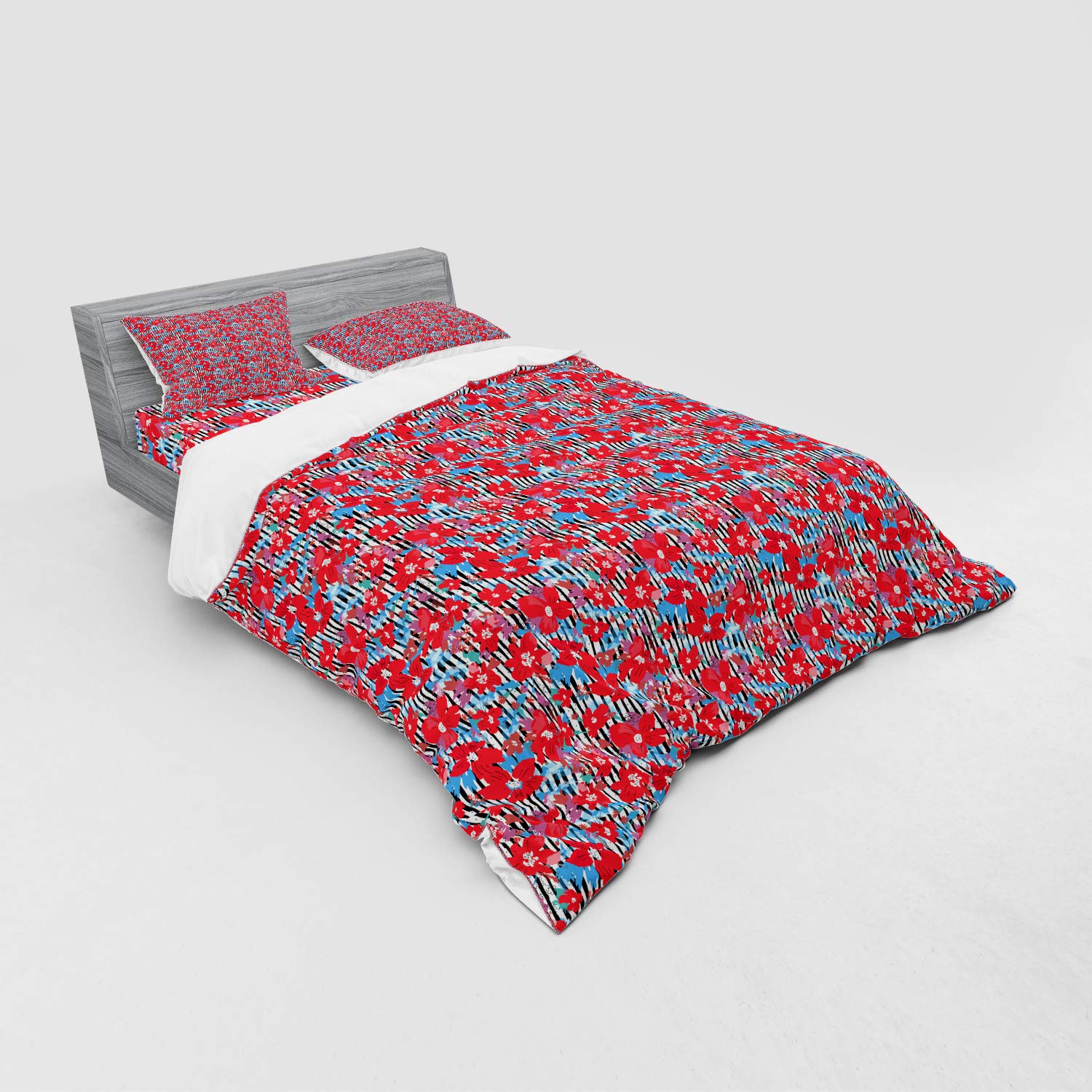 Ambesonne Floral Queen Size 4-Piece Bedding Set - Dark Pink & Sky Blue Budding Flowers with Stripes Duvet Cover, Shams & Fitted Sheet | Perfect for Spring Bedroom Decor & Guest Room Refresh
