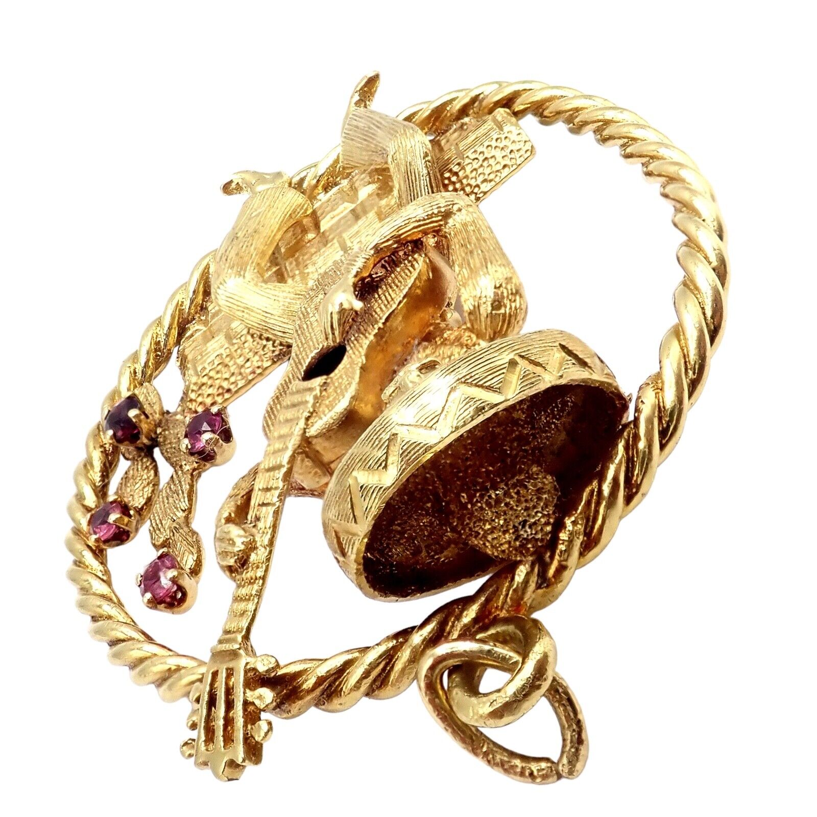 Authentic Rudi Cherny 18k Yellow Gold Guitar Player Cactus Ruby Pendant Necklace - Perfect for Music Lovers & Western Style Jewelry Gifts