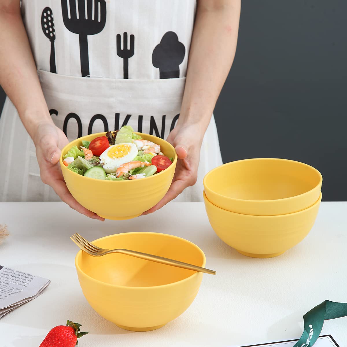 Kyraton 4-Piece Unbreakable Cereal Bowls Set - Lightweight Reusable Bowls for Rice, Noodles, Soup, Salad & Fruit - Dishwasher & Microwave Safe, BPA-Free (Gold Yellow) - Perfect for Family Meals, Camping & Dorm Use