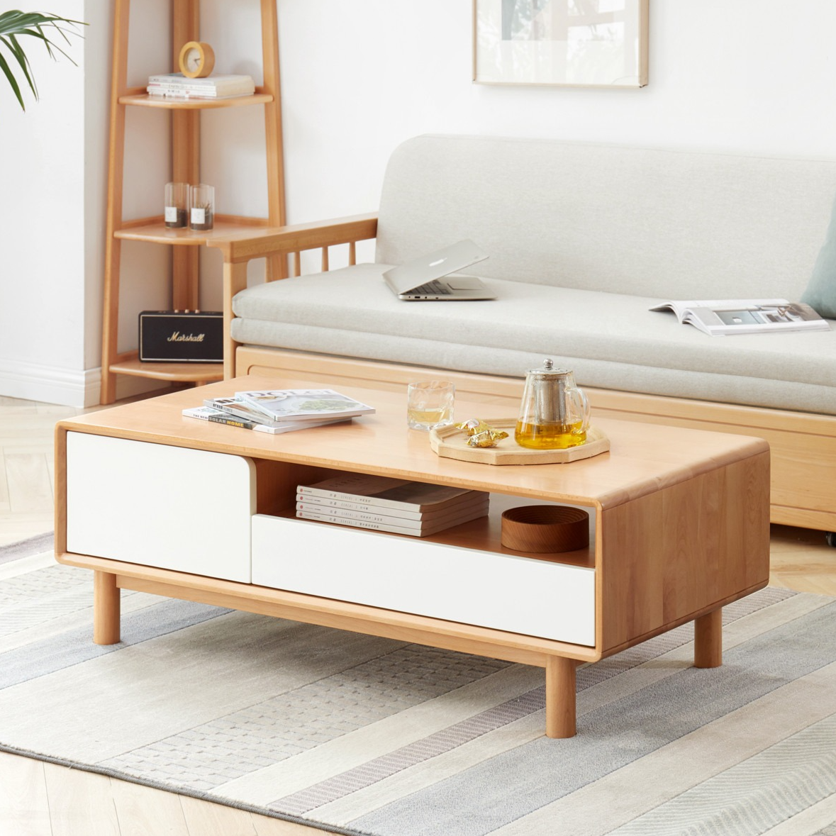 Solid Beech Wood Coffee Table - Rustic Warm Brown Finish for Living Room, Lounge & Home Decor