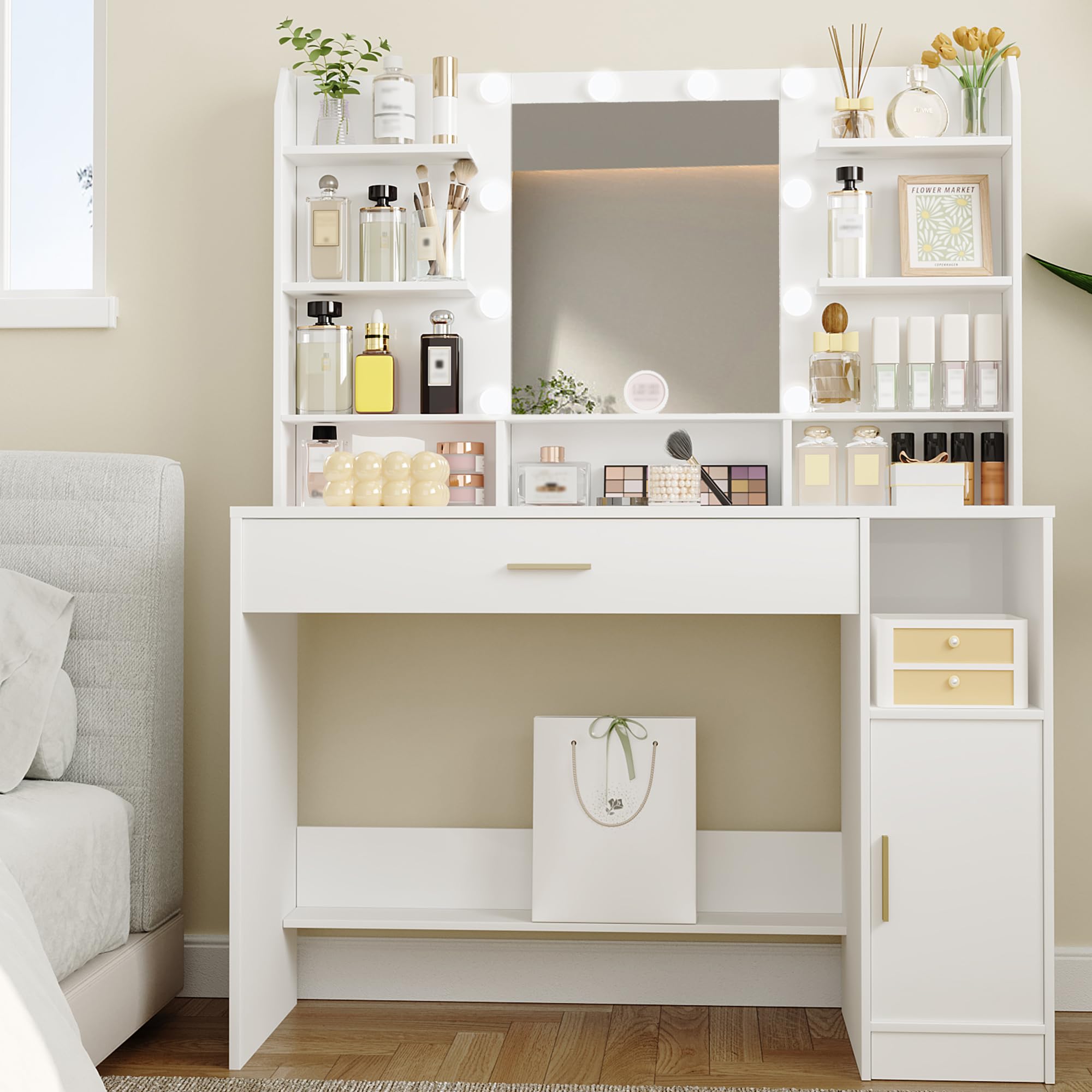 Vanity Desk with Mirror & 10 LED Lights - Adjustable Brightness (3 Levels) - Makeup Dressing Table with Hidden/Open Shelves & Large Drawers - White WX333HDT - Perfect for Bedroom, Dorm, Apartment Makeup Organization & Vanity Setup