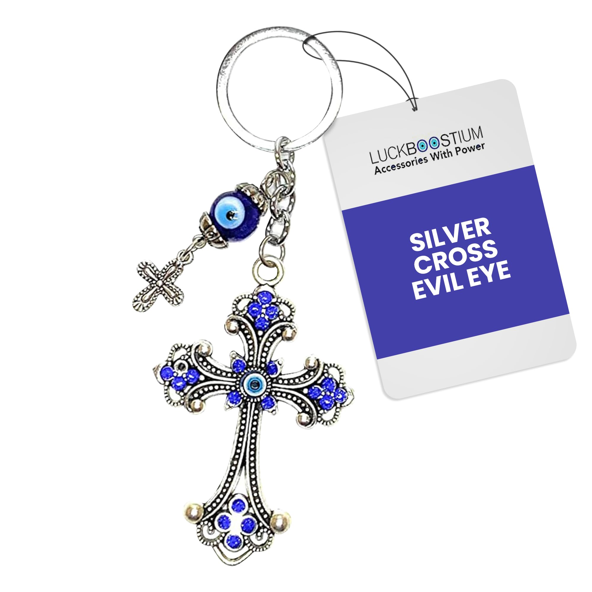 Evil Eye Car Hanging Ornament & Keychain - Silver Cross with Blue Crystal Rhinestones & Resin Charm for Good Luck & Protection | Perfect for Car, Home, Office, Purse & Gift Giving