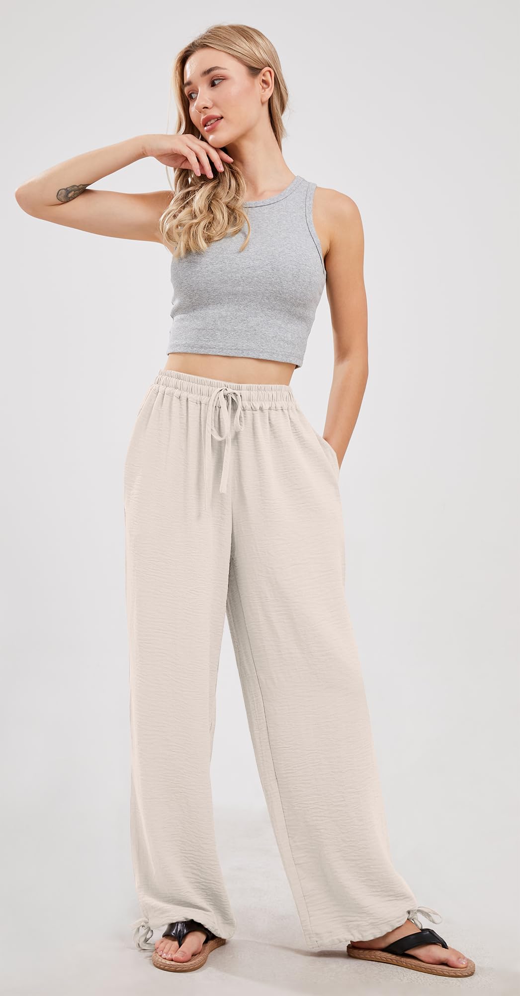 UTCoco Women's Wide Leg Linen Pants - Casual High Waisted Loose Fit Drawstring Trousers | Perfect for Summer, Beach, Travel & Boho Style Outfits
