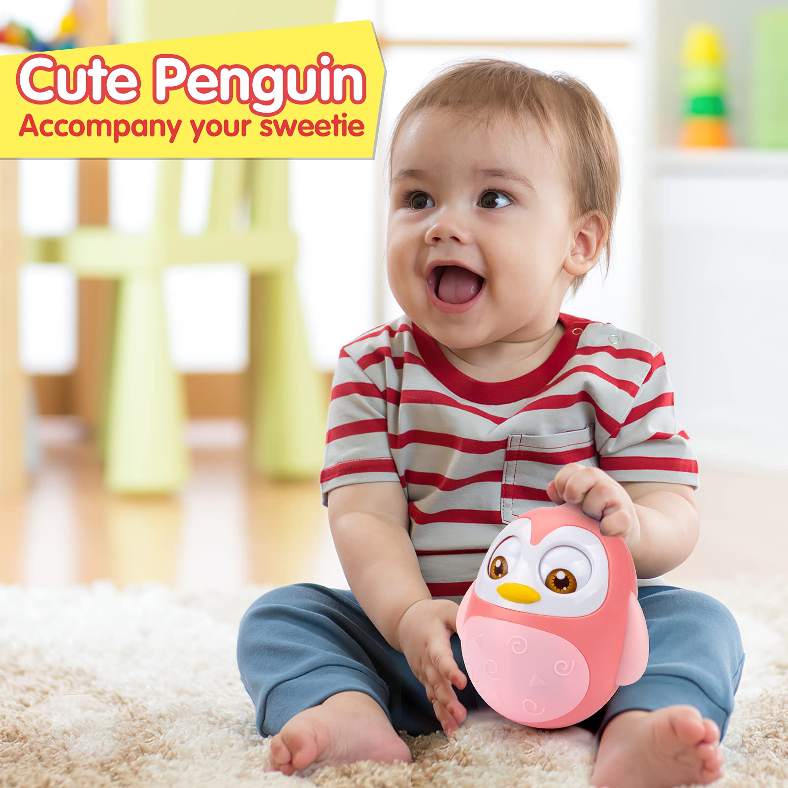 UNIH Roly Poly Penguin Baby Toy - Tummy Time Wobbler for 6-12 Month Olds | Developmental Learning Toy for Infants | Gift for Baby Boys & Girls (Pink) | Perfect for Nursery Playtime & Early Motor Skills Development