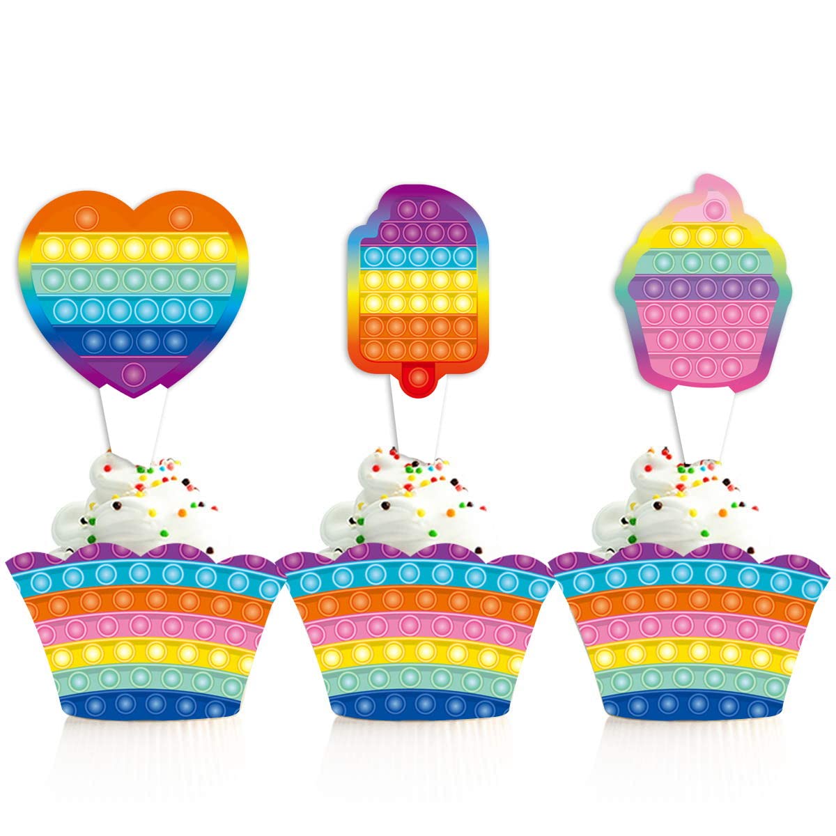 Popping It Push Bubble Cupcake Toppers & Wrappers - 24-Pack Party Supplies for Birthday Celebrations, Baby Showers & Stress Relief Fun