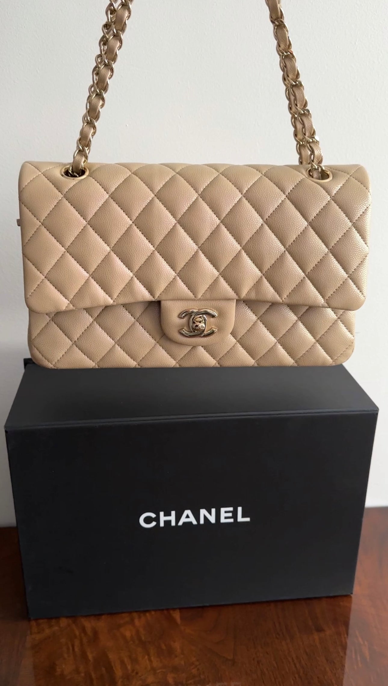 Chanel 21S Beige Iridescent Classic Medium Double Flap Caviar Gold Hardware Bag - Luxury Handbag for Women, Perfect for Parties & Special Occasions