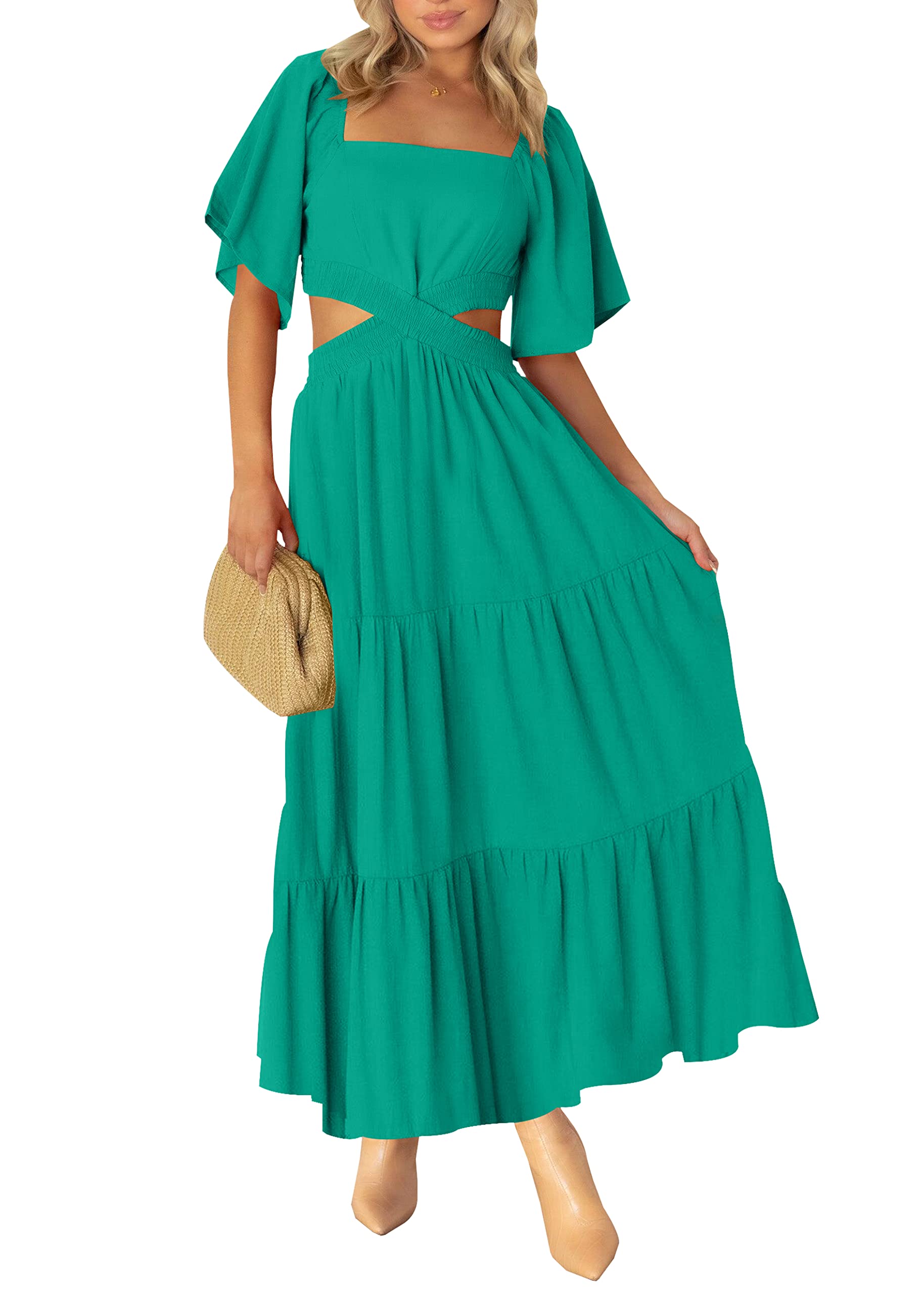 LEANI Women's 2025 Summer Cutout Maxi Dress - Square Neck Short Sleeve Crossover Waist Casual Party Dress for Beach Vacation, Date Night & Special Occasions