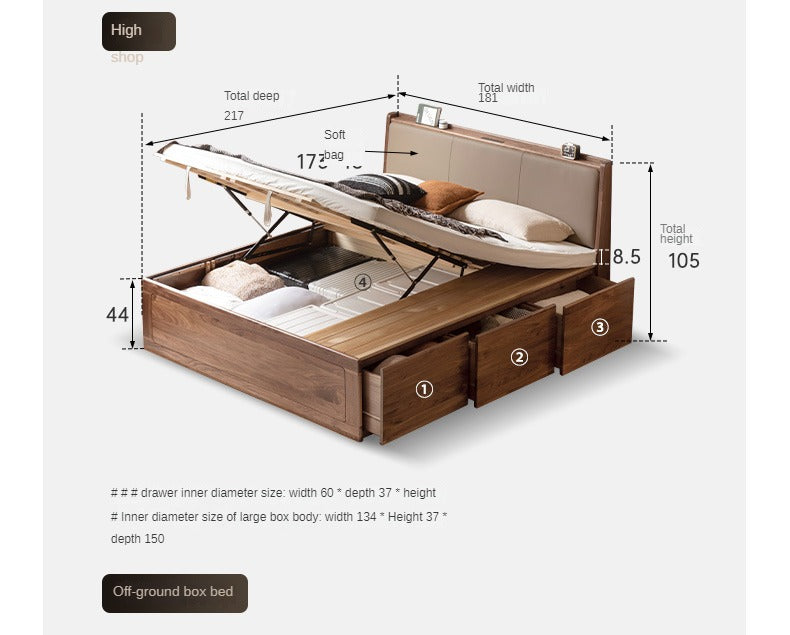 Solid Black Walnut Wood Leather-Upholstered Drawer Box Bed - Nordic Style Platform Bed with Storage for Modern Bedroom