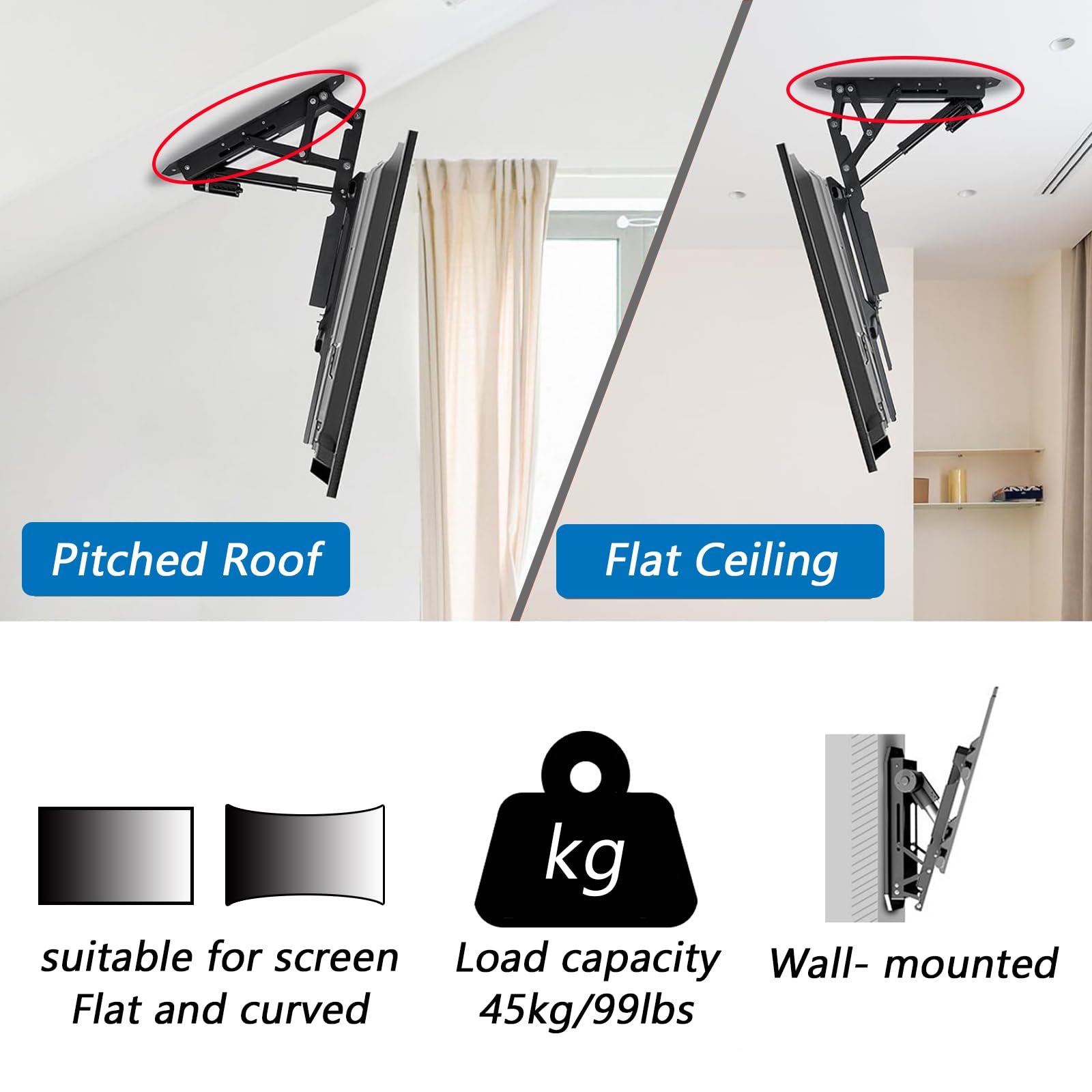Electric TV Mount Bracket with Remote & Switch Control - Motorized Ceiling & Wall Mount for 32-70 Inch TVs - Perfect for Home Theater, Living Room & Bedroom Setup