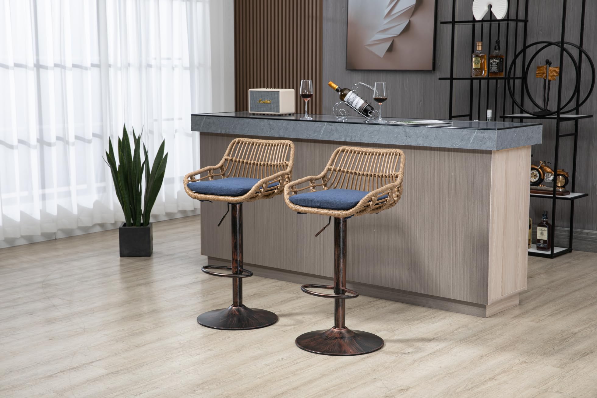 2-Pack Swivel Bar Stools with Adjustable Height - Rattan Counter Stools with Linen Cushion & Metal Base, Footrest - Blue Kitchen Island Chairs for Dining Room, Pub, or Breakfast Nook