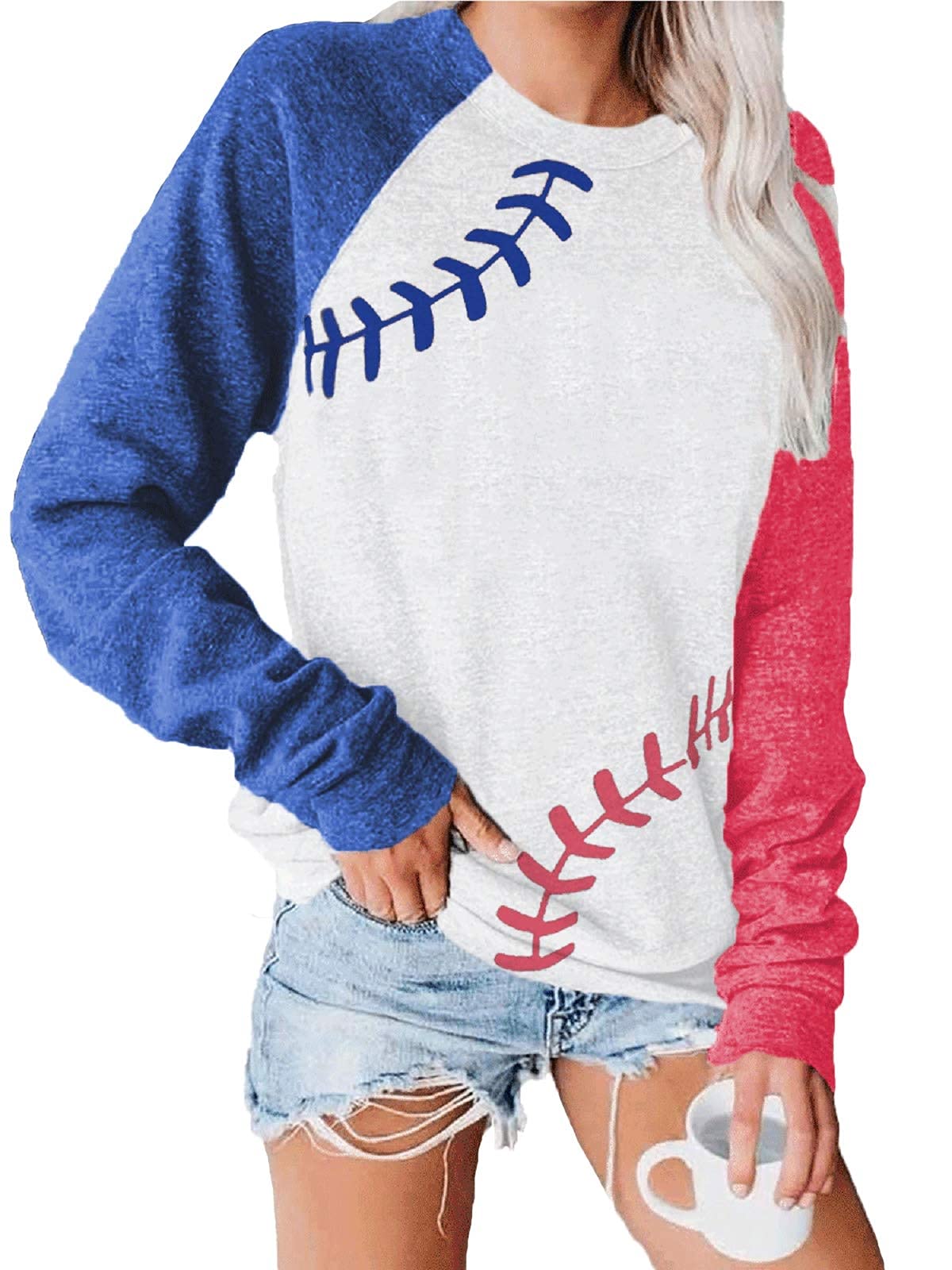 Women's Star Graphic Long Sleeve Pullover T-Shirt | American Flag Print Raglan Sleeve Tee | Casual Wear, Street Style & Patriotic Outfits