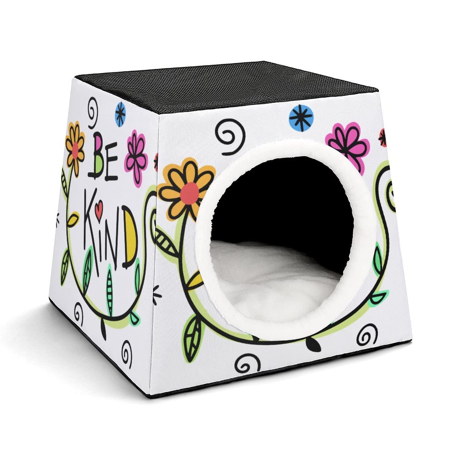 Printed Cat Houses & Condos - Foldable Cat Cube Bed with Removable Pillow (Flowers/Letters Design) - Cozy Pet Sofa for Indoor Cats - Perfect for Napping, Playing & Relaxing