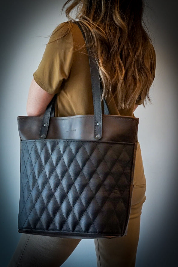 Stylish Diamond Stitch Tote Bag - Espresso Brown & Pebbled Black Leather Shoulder Bag for Women | Perfect for Work, Travel & Shopping